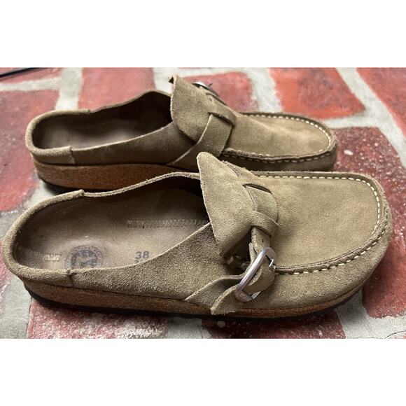 Birkenstock Buckley Suede Tan Clogs Moccasin Buckle Size 38 Narrow - Picture 2 of 14